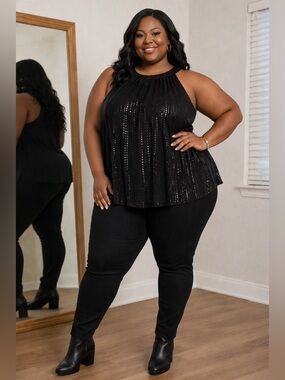 Plus Size Black Sequin Halter Tank Top